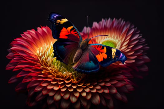 Beautiful butterfly on a flower on a black background.  Generative AI.