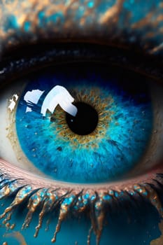 Blue human eye with makeup. Eye painting. Futuristic fantasy digital art, Image created with Generative AI technology.