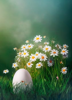 Decorated Easter Eggs In The Grass With Daisies.  Image created with Generative AI technology.