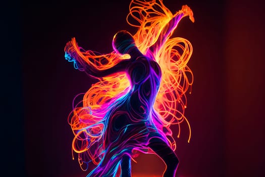 Dancing modern girl moving in colorful neon  light. Generative AI.