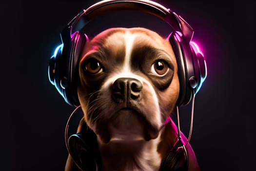 Dog with headphones.  Generative AI.