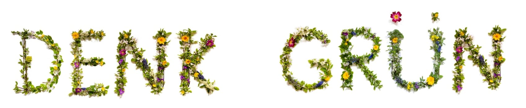Blooming Flower Letters Building German Text Denk Gruen Means Think Green. Summer And Spring Season Blossoms And Flower Lei.