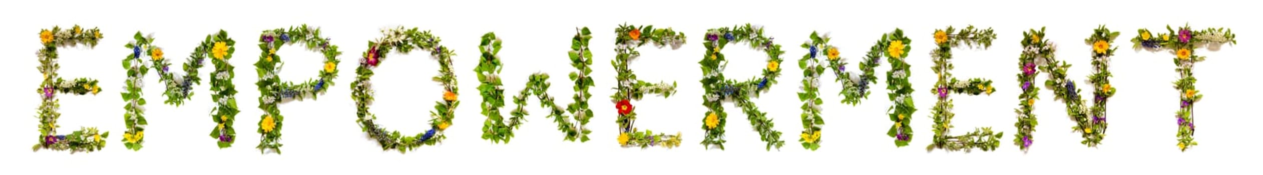 Blooming Flower Letters Building English Word empowerment. Summer And Spring Season Blossoms And Flower Lei.