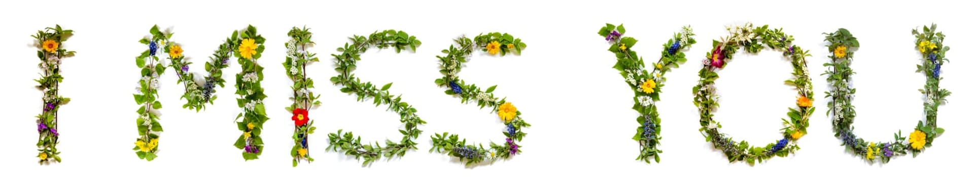Blooming Flower Letters Building English Text I Miss You. Summer And Spring Season Blossoms And Flower Lei.