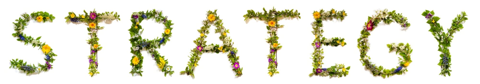 Blooming Flower Letters Building English Word Strategy. Summer And Spring Season Blossoms And Flower Lei.