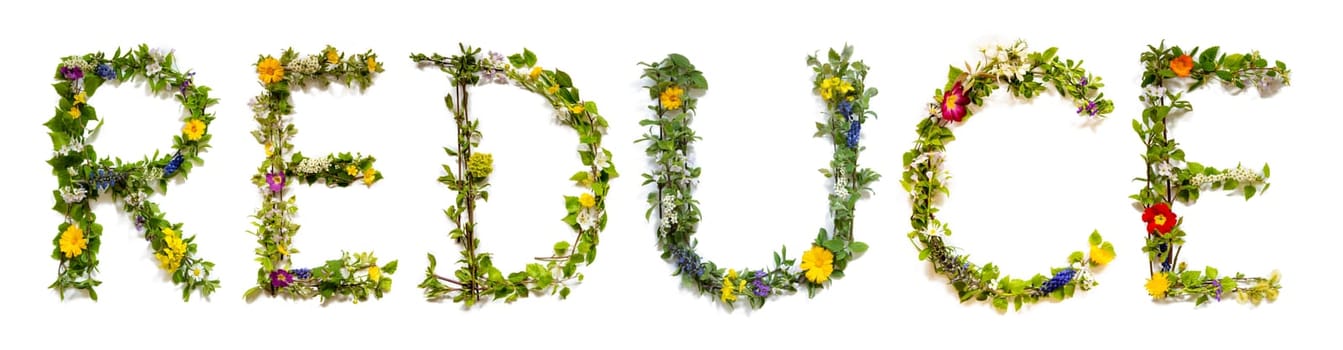Blooming Flower Letters Building English Word Reduce. Summer And Spring Season Blossoms And Flower Lei.