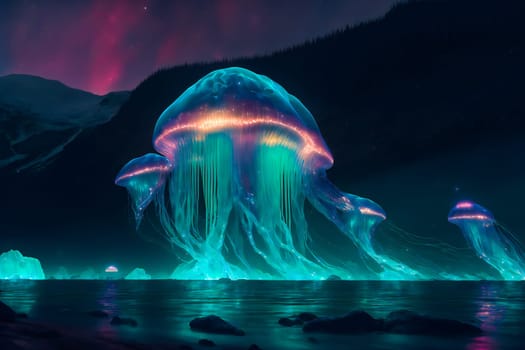 Jellyfish Dancing in the Space. Fantastic  Wallpaper Background.  Image created with Generative AI technology.