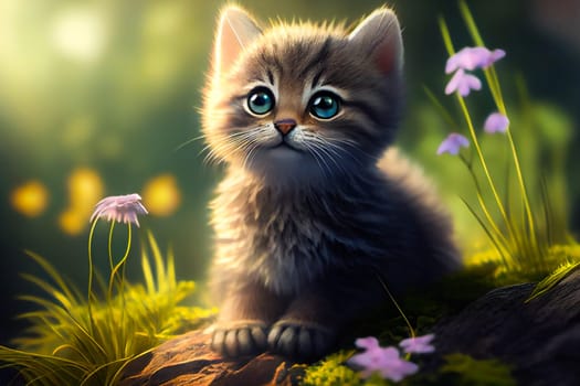 Little kitten in grass and flowers.  Generative AI.