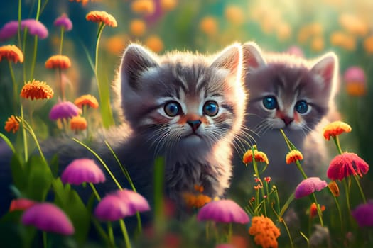 Little kitten in grass and flowers.  Generative AI.
