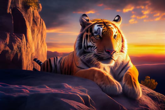 Portrait of a Tiger at Sunset.  Generative AI.