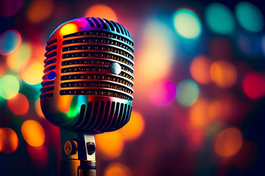 Retro Microphone On Stage With Bokeh Light.  Generative AI.