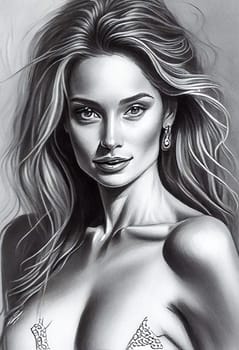 Female Silhouette. Portrait Of Beautiful Woman. Hand-Drawn. Drawing In Pencil.  Generative AI .