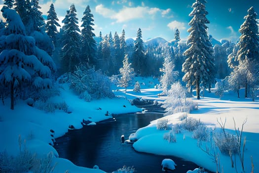 Snowy landscape with trees.  Beautiful forest winter.  Generative AI.