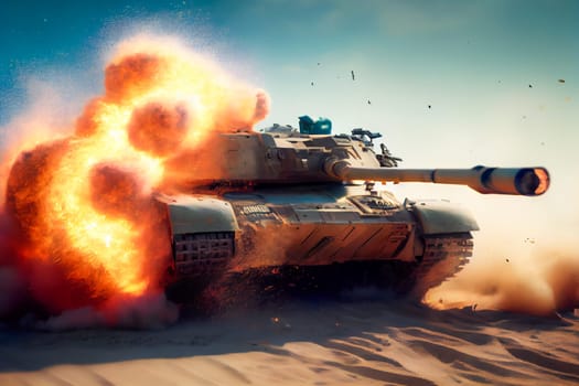 Shooting tank in war environment.  Military Tank on Battlefield.  Generative AI.