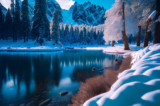 Snowy landscape with trees.  Beautiful forest winter.  Generative AI.