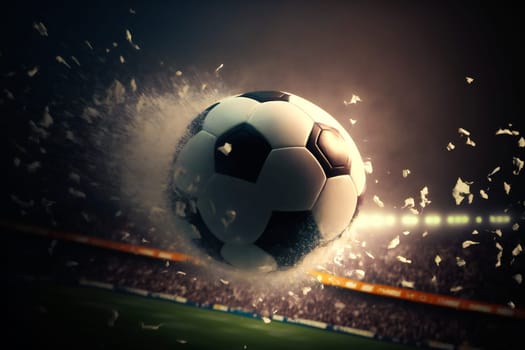 Soccer ball in the stadium.  Image created with Generative AI technology.