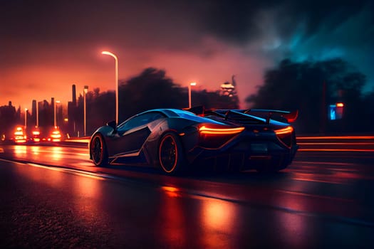 Sports car racing in the night.  Generative AI.