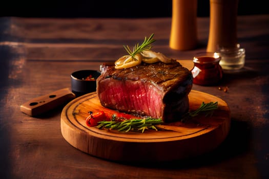 Steak on wooden board. Generative AI.