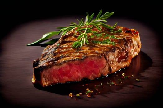 Steak on wooden board. Generative AI.