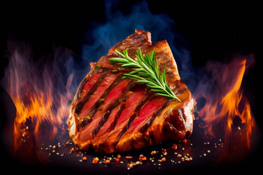 Steak on wooden board. Generative AI.