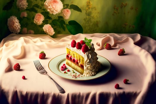 cake slice on table.  Image created with Generative AI technology.
