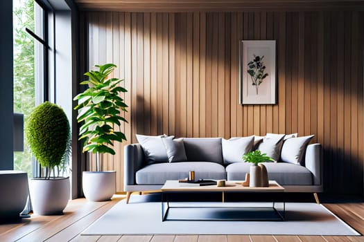 Wooden modern interior style. Generative AI.