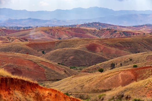 Devastated central Madagascar landscape, Mandoto, Vakinankaratra. Highland deforested countryside. Deforestation creates agricultural pastoral land but also result ecology problem with soil and water.