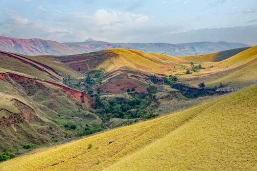Devastated central Madagascar landscape, Mandoto, Vakinankaratra. Highland deforested countryside. Deforestation creates agricultural pastoral land but also result ecology problem with soil and water.