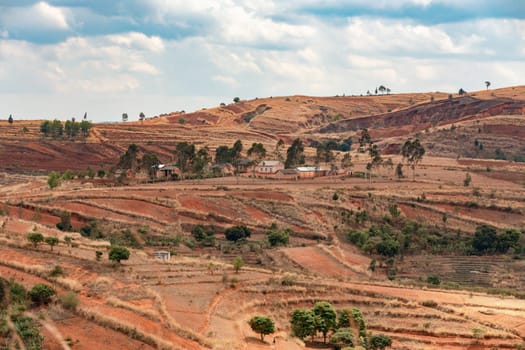 Devastated central Madagascar landscape, Mandoto, Vakinankaratra. Highland deforested countryside. Deforestation creates agricultural pastoral land but also result ecology problem with soil and water.