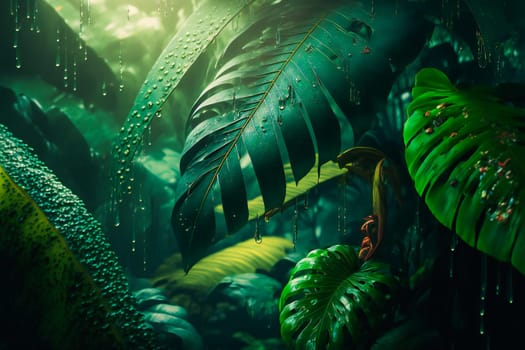 Tropical Rainforest Landscape background. Tropical jungle palms. Generative AI .
