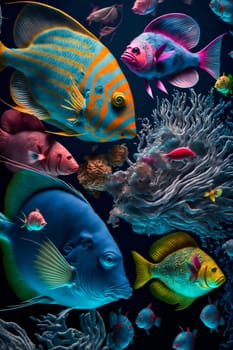Underwater wild world.  Tropical fishes.  Image created with Generative AI technology.