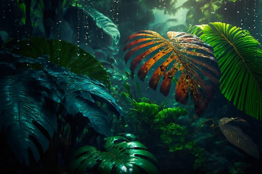 Tropical Rainforest Landscape background. Tropical jungle palms. Generative AI .