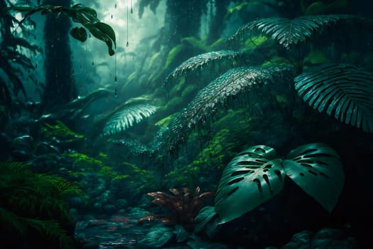 Tropical Rainforest Landscape background. Tropical jungle palms. Generative AI .