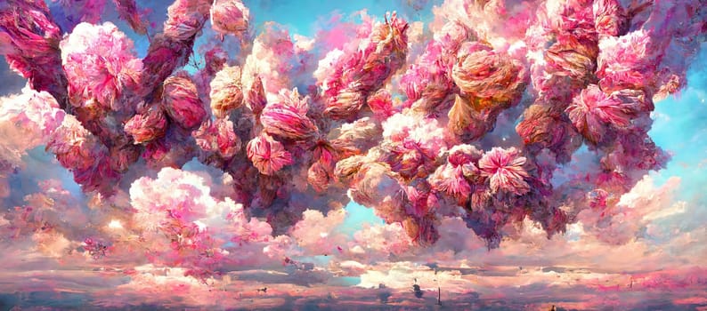 Abstract pink flowers against the blue sky. Generative AI