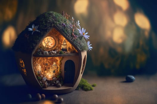 Tiny fairy house in the woods, glowing from the inside. Generative AI