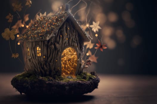 Tiny fairy house in the woods, glowing from the inside. Generative AI