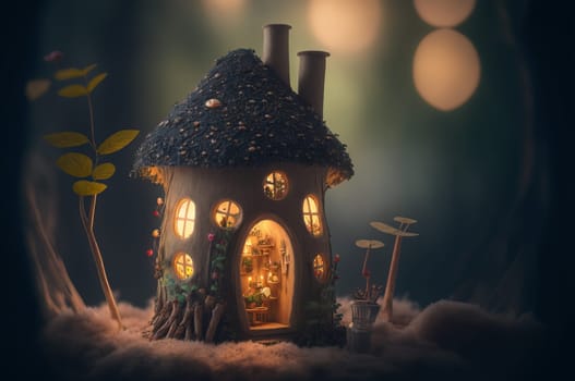 Tiny fairy house in the woods, glowing from the inside. Generative AI