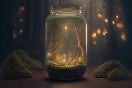 Fireflies trapped in a glass at night. Generative AI