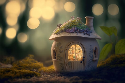 Tiny fairy house in the woods, glowing from the inside. Generative AI
