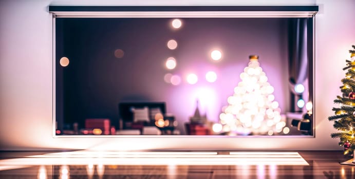 A room with a Christmas tree, soft light is reflected on a polished floor. Generative AI
