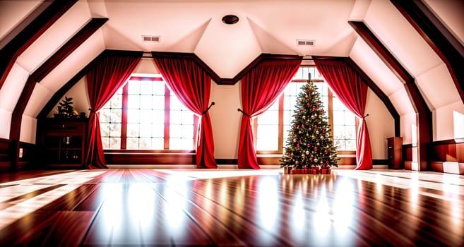 A spacious hall with a Christmas tree by a window decorated with red curtains. Generative AI
