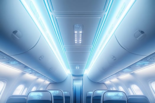 The interior of the aircraft cabin shows off the hand luggage compartments. Modern amenities and comfort during the flight.