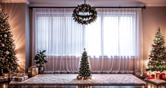 Cozy Christmas living room with Christmas trees and gifts. Generative AI