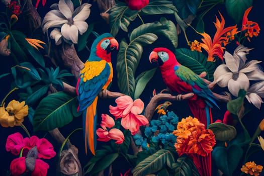 Pattern with beautiful parrots and tropical leaves. Birds background. Generative AI.