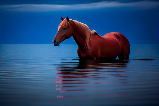 Portrait of a  horse  on a blue sea background.  Generative AI.