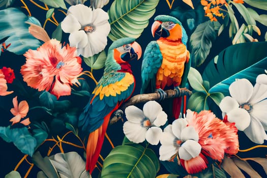 Pattern with beautiful parrots and tropical leaves. Birds background. Generative AI.