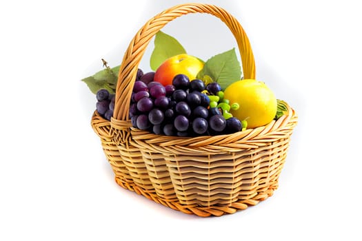 Composition with variety of fruits and wicker basket isolated on white.  Generative AI.