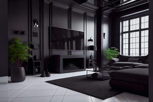 Black modern interior style. Generative AI.