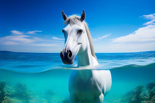 Portrait of a  horse  on a blue sea background.  Generative AI.