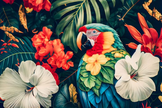 Pattern with beautiful parrots and tropical leaves. Birds background. Generative AI.